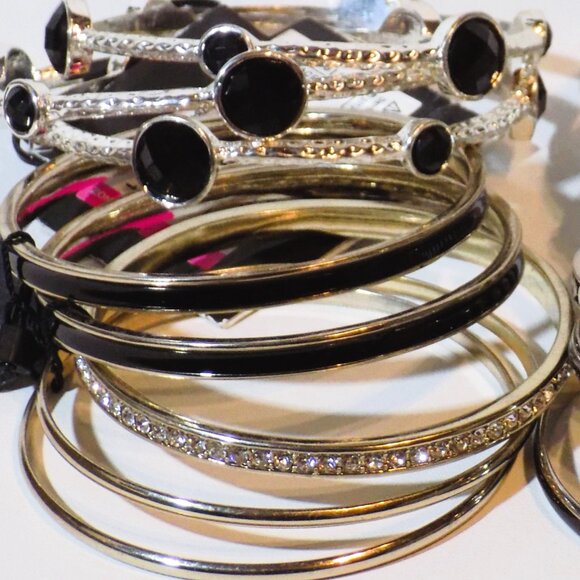 Lot 17 Black Silver Bangle & Stretch Bracelets Bundle. Ann Taylor, Dressbarn - Picture 3 of 4